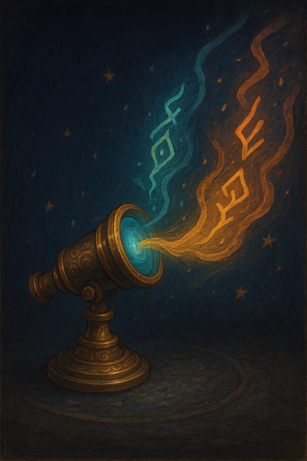 Fantasy-style painting of an ornate brass telescope on a carved base, projecting streams of glowing magical energy into a starry night sky. The energy swirls in turquoise and orange colors, carrying ancient, rune-like symbols. The artwork has a textured, hand-painted feel with subtle imperfections, creating a mystical and crafted atmosphere.
